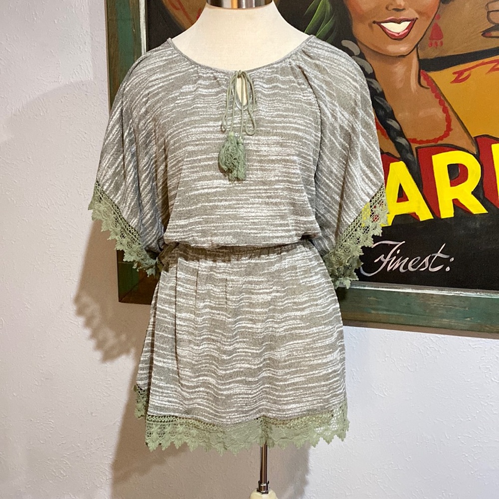 Easel Green Off The Shoulder Poncho with Lace Trim